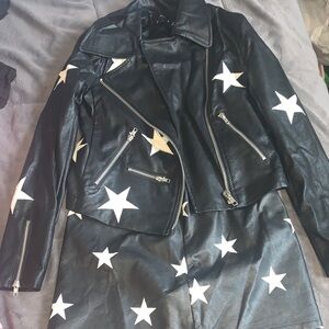 Olivaceous Black Leather Jacket with White Stars